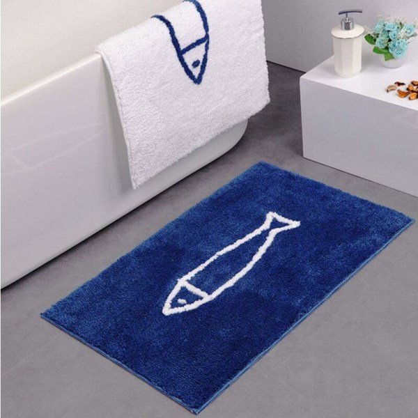 Non-Slip Bath Mat, Blue and White, Fish Pattern, Non-Slip Bath Mat, Quick Dry, Kitchen Mat, Bathroom Rug (50 x 80 cm, Blue)