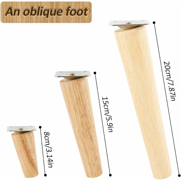 Sæt med 4 massive træmøbelben, udskiftningssofaben med skridsikker måtte, monteringsplade og skruer til seng, garderobe, skuffe (15 cm, lige