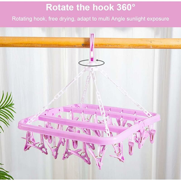 Sock Drying Rack med 32 klämmor Hängande torkställ Kan roteras och vikas 360¡ã Rosa