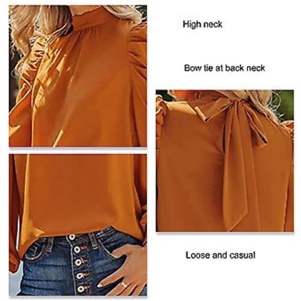 Dam Långärmad Puffärm Topp Skjorta Trendig Elegant Lös Casual Enfärgad Höghalsad Blus för Arbete Orange M