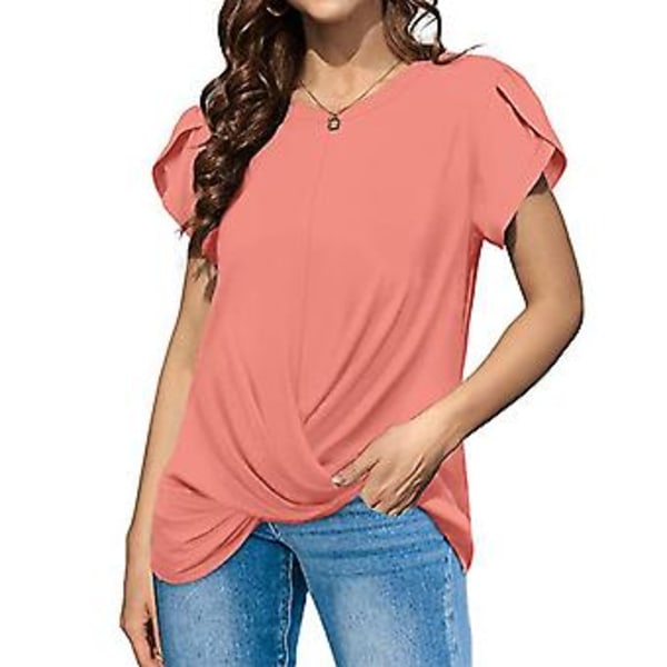 Crewneck Kort Erme T-skjorte Dame Mote Elegant Løs Ensfarget Rynket Kant Petal Erme Topper Rosa S