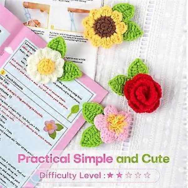 Hæklesæt til begyndere, Hæklesæt til blomsterbroche for begyndere til voksne, med trin-for-trin video-tutorials og garn