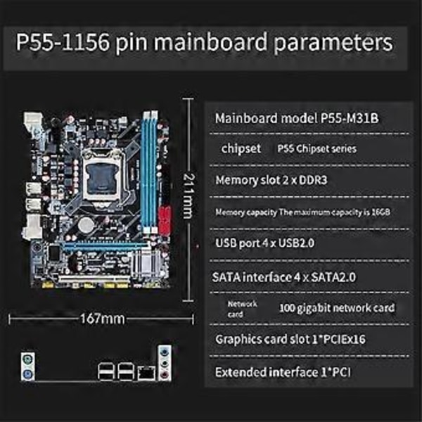 LGA1156 Dator Moderkort DDR3 Minne ATX Moderkort 1600MHz 4 SATA USB2.0 Dual Channel för I3 530/I5 750/660CPU