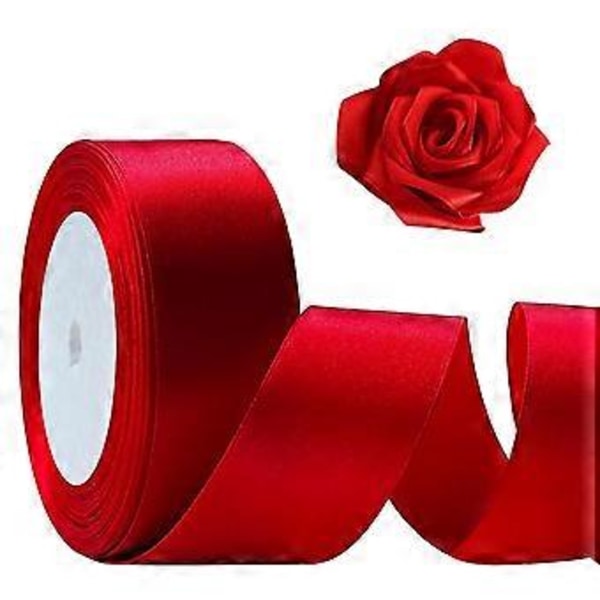 Rött Band 3,8 cm, 23 Meter Satinband för Hantverk, Enkelsidigt Hårband i Polyester Silk, Tygband för Buketter