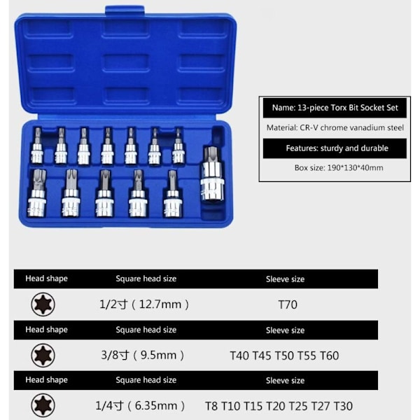 Sett med 13 Torx-piper 1/4\" 3/8\" og 1/2\" T8-T70