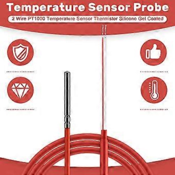 2-leder PT1000 Temperatursensor Termistor Silikone Gel Belagt 1,5 Meter Probe 45mm x 5mm -50-180 Grader Celsius RTD'er