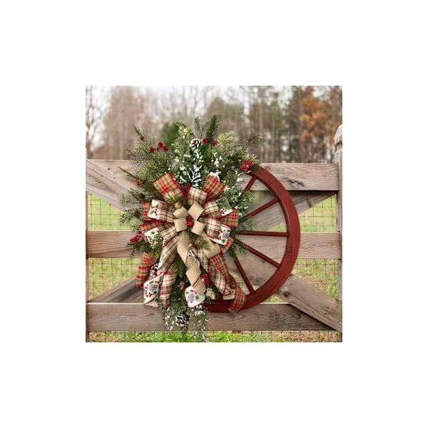 Red Wagon Wheel Wreath with Ribbons Pine Trees Berries Vintage Farmhouse Wreath for Front Door Christmas Decorations Wreath for Window Outdoor Winte