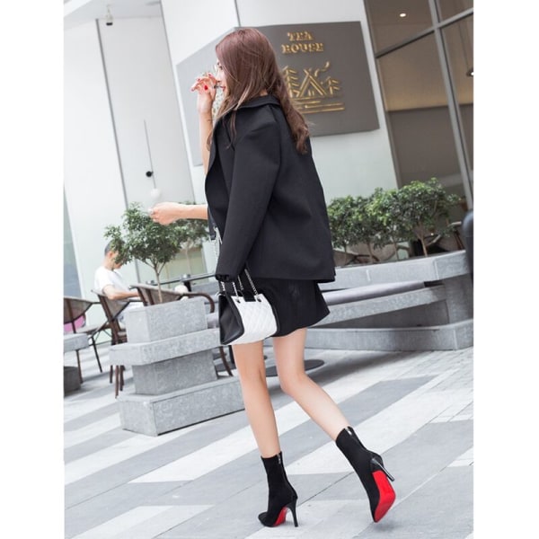 Ladies Pointed High Heels Elastic Ankle Boots Mid Fashion Zip Boots Shoes Sock Boots 37 US7=EU37=UK4