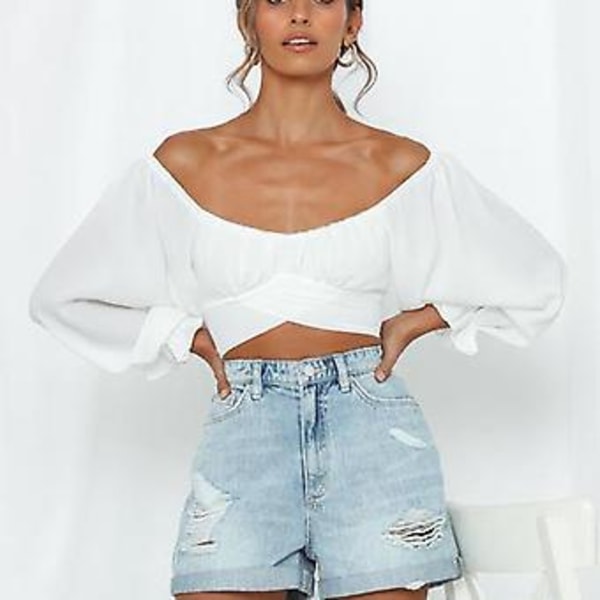 Naisten Söpö Olkapäät Paljaaksi Jättävä Röyhelöinen Kietaisumallinen Crop Top Joustavalla Hihansuulla Pitkät Muhkeat Hihat Solmittava Selkä Osa 2 M, Juhliin Ostoksille Matkoille Treffeille