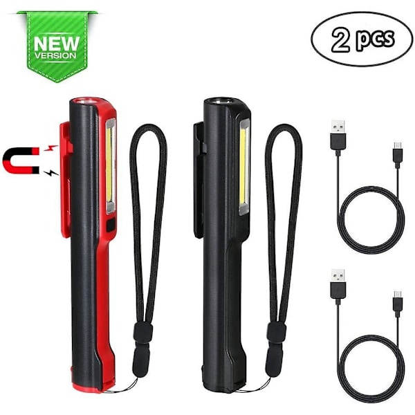 Led arbejdslys - 2 stk., USB genopladelig, Cob lommelygte, magnetisk klip, 350 lumen, 2-i-1 campinglampe