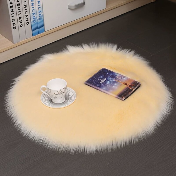 Rund konstgjord fårskinnsstil matta konstgjord fleece stolsöverdrag sittdyna mjuk fluffig lurvig matta för sovrumssoffa golv (gul, 45 x 45