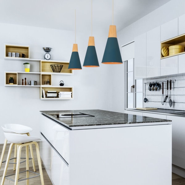 Moderne enkel loftslampe i metal og træ, justerbar DIY-pendellampe, 2 stk., mørkeblå