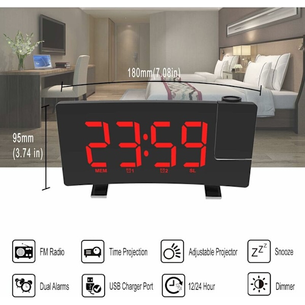 Projektionsväckarklocka, 180  Takprojektionsväckarklocka, USB FM Digitalklocka med Dubbla Alarm, Snooze, Sleep Timer, 12/24h, Stor LED-skärm med Dimmer (Röd)