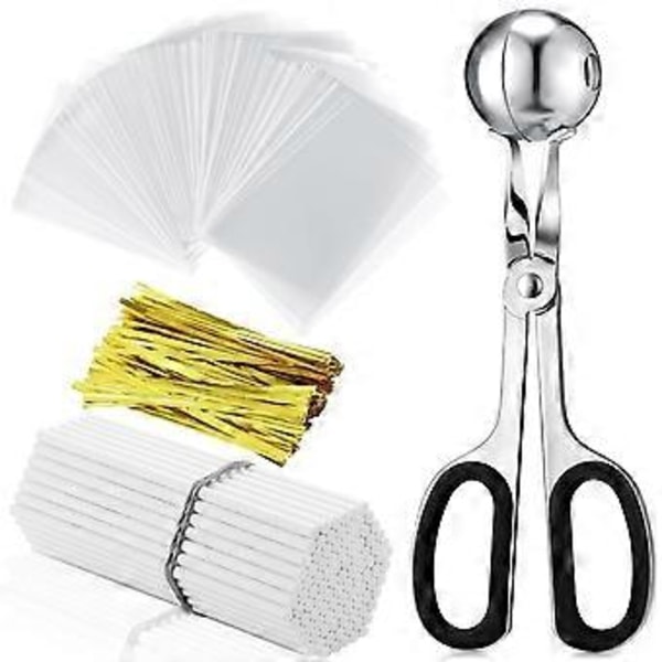 Lollipop Cake Stick Godispåse Set Inkluderar 100 Påsar 100 Godispinnar Metalliska Band Köttbullesked med Handtag Tårta