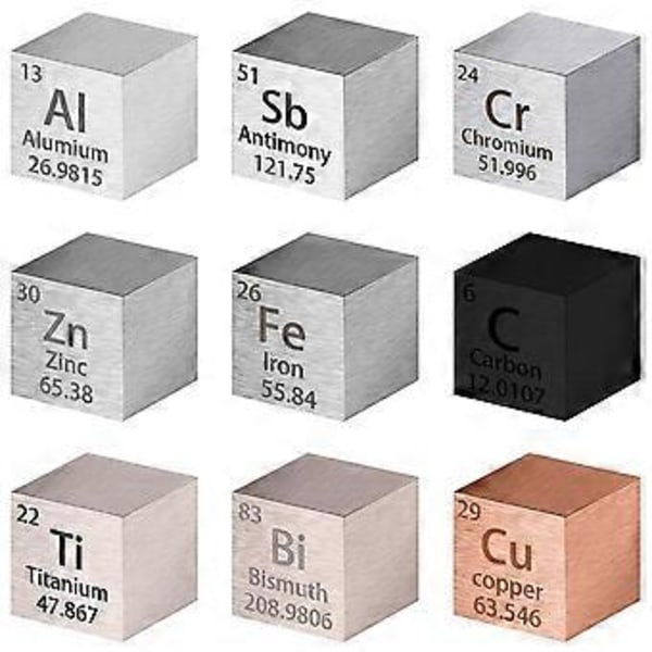 9 st Elements Fyrkantigt Set 10mm Densitet Fyrkant Periodiska Systemet Ren Metall Fyrkant för Elements Samlingar Material Hobbyer