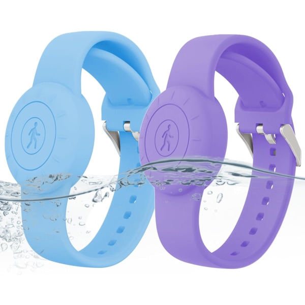 2-pack IPX8 vattentätt AirTag armband för barn (blått, lila)
