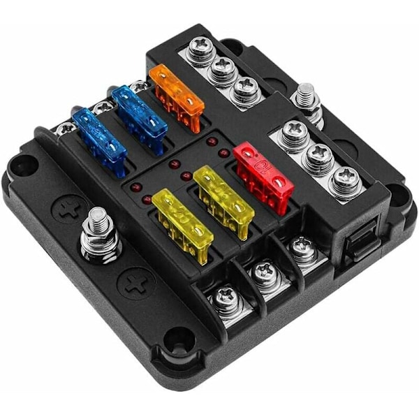 Car Fuse, 6 Way 12V Fuse Box, Fuse Holder Blade Fuse Blocks with 16 Fuses 6 LED Indicators Protective Cover for 12V/24V Car Automotive Boat Marine T