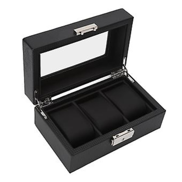 3 Fack Klockbox Låsbar Liten PU Läder Klocka Smyckeskrin med Klart Lock för Män Kvinnor Armband Svart