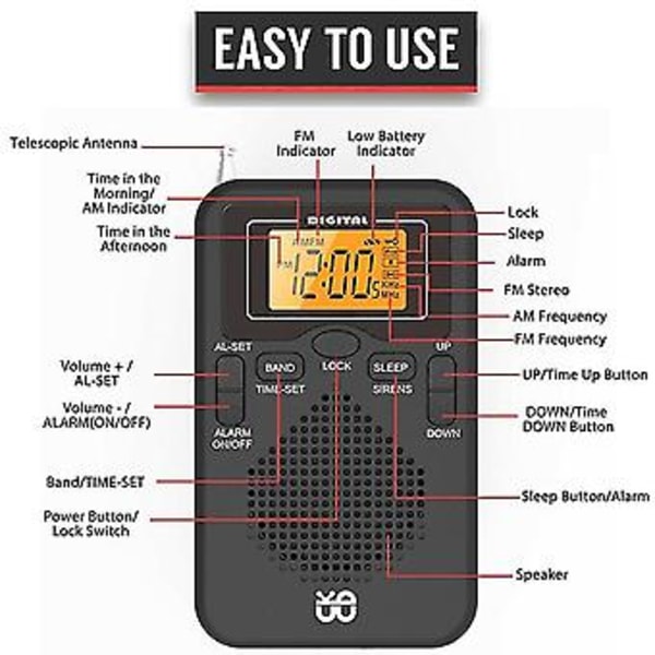 Bärbar Radio Mini AM FM Väderradio Fickradio LCD-skärm Digital Väckarklocka Radio Spelare
