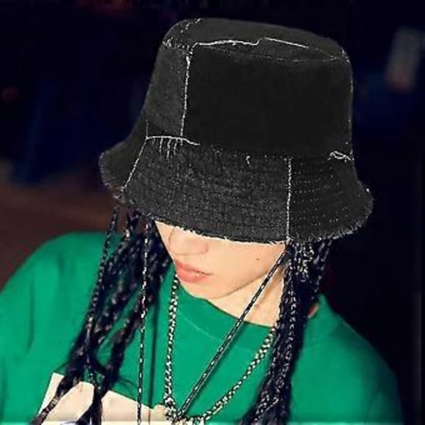 Unisex Denim Tvättad Bomull Bucket Hatt Vintage Solhatt (svart)