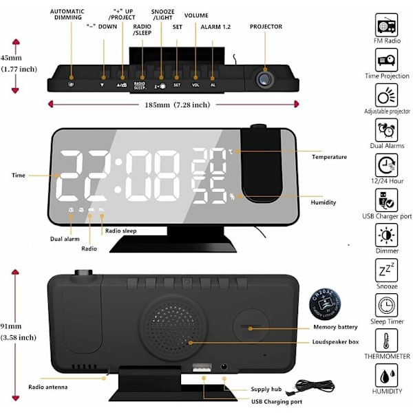 Projektionsväckarklocka, Sängklocka med FM-radio, Digital klocka med USB-laddningsport, Snooze, 7 \"LED-spegelsdisplay, 4 justerbar