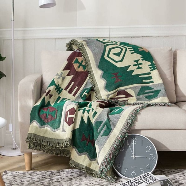 Soffa filt soffa överkast säng överkast stolsskydd resefilt dekorativ filt sofföverdrag med pompom retro etnisk geometrisk mönster 130 c