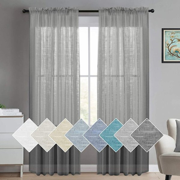 Glidande gardiner i voile, transparenta linnegardiner, transparenta linnelook, vardagsrum, transparenta fönsterduk, dekorativ sjal, sovrum, 2-pack, 132x160 cm