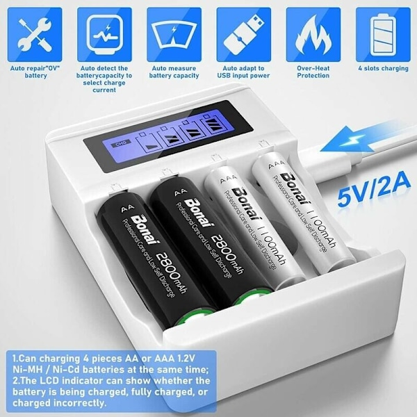 Vit batteriladdare, AA/AAA-laddare med stor LCD-display, 4 laddningsfack, universell snabb batteriladdare, för NI-MH NI-CD-batterier, för AA a