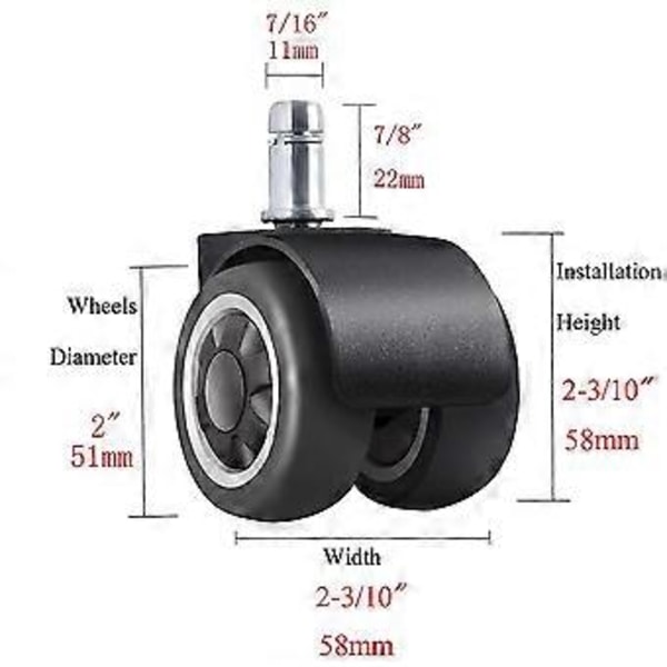 Kontorstol Hjul, Udskiftningshjul i Gummi med Bredere Dækdesign til Beskyttelse af Gulve 11mm X 22mm Standard Størrelse Nem Installation