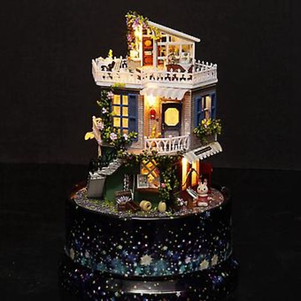 Kreativt DIY Dukkehus Drømmehus Miniature med Roterende Musikboks Støvdække LED Lys