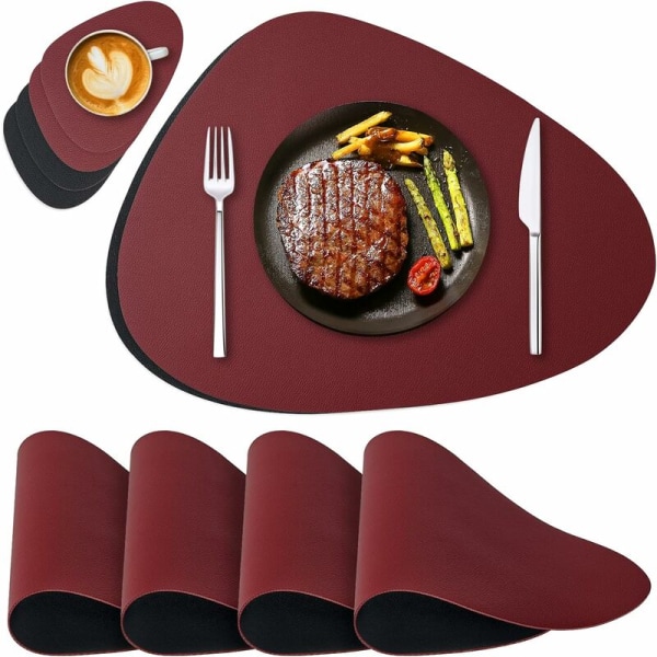 Bordsunderlägg Vändbar läder 4-pack bordsmattor Tvättbara och 4-pack underlägg för hemkök Matsal Röd+svart