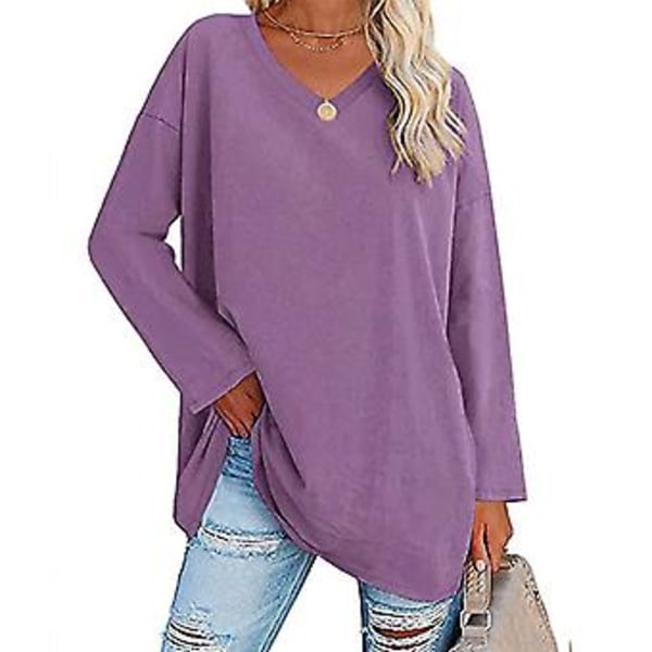 Dame Bluse Langærmet Skjorte Ensfarvet Pullover V-Hals Løs Kant Afslappet Design Lilla XL