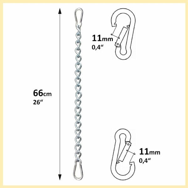 Kjede med to karabiner, variabel feste for hengekøyer opptil 230 kg (Kjede 66 cm)