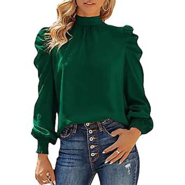 Dame Lang Puff Erme Topper Skjorte Moderne Elegant Løs Casual Ren Farge Høy Hals Bluse for Arbeid Grønn XL