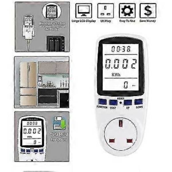 Elförbrukningsmätare, elmätare för strömförbrukning, energimätare med timer, watt Kwh-analysator, plug-in med LCD-display för hem och hotell (hy
