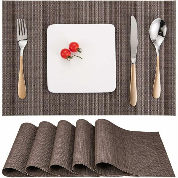 Bordstabletter Set om 6, Bordstabletter Bordstabletter Tvättbara Halkskydd Värmeisolering Vävda Vinyl för Kök Matplats Restaurang 18X12 (Kaffebrun)