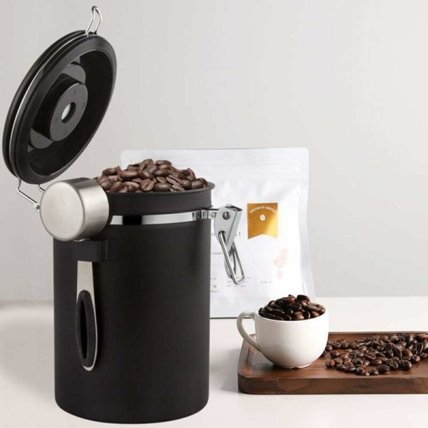 Kaffebeholder, Kaffebeholder med rustfrit stålske, 1,5 liter Kaffebeholder til bønner, pulver, te, nødder, kakaopulver opbevaringstank (