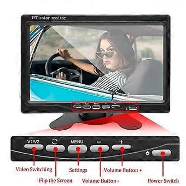 12V 7 tommer Bilmonitor 16:9 800x480 LCD Bakspejlmonitor med 2-vejs Videoindgang til Bakkamera Parkering Bakgear