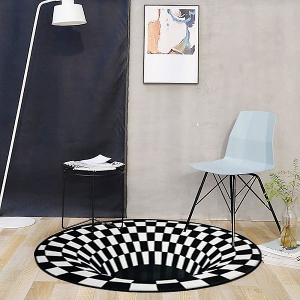 Pyöreä mustavalkoinen ruudullinen matto, 3D-pyörreilluusiomatto