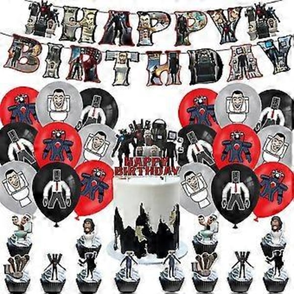 Skibidi Toilet -peli teemasyntymäpäiväjuhlatarvikkeet Banneri Ilmapallot Set Kakku Cupcake Toppers Set Koristelahja