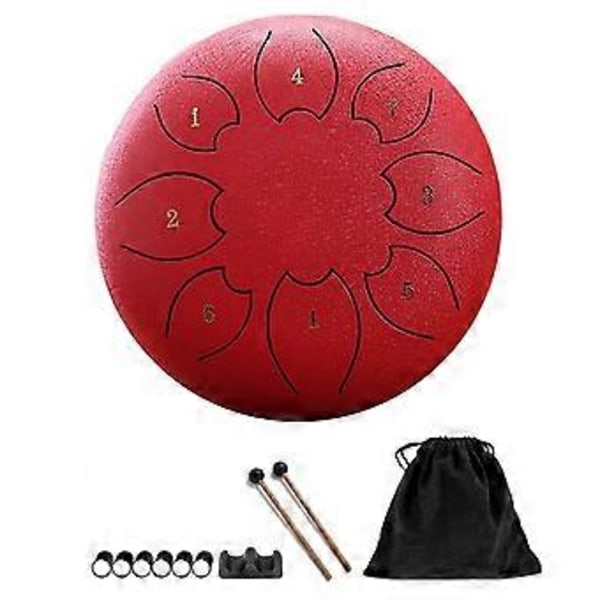 Regntrumma för utomhusbruk, Stål Tongue Drum 8 Toner 6 Tum Chakra Tank Drum Stål Slagverk Vadderade Klubbor Röd