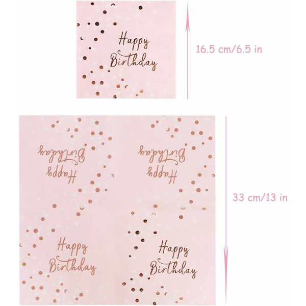 Roségull bursdagsservietter, 32 stk. Happy Birthday rosa servietter til fest, høykvalitets borddekorasjon roségull papirservietter for jenter bursdagsfest