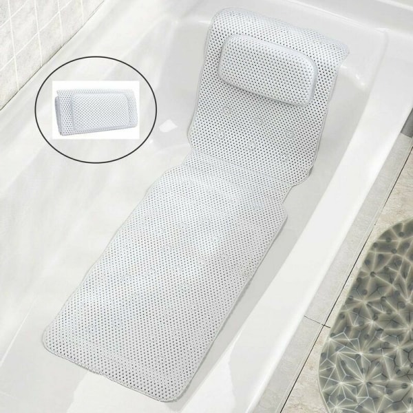 Full Body Support Badematte med Badepute, 3D Air Mesh Spa Badeputer, med Sklisikre Sugskopper (125  36CM)