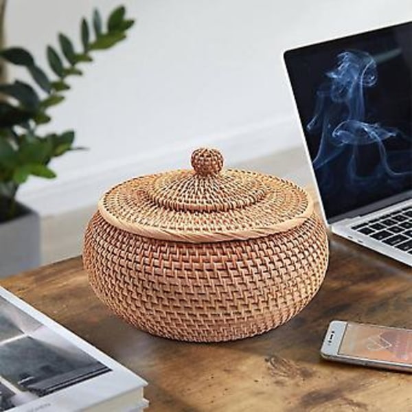 Rund Rattan Kasse, Frugtkurv i Flet med Låg Brødkurv Bakke Opbevaringskurv Pileflet Kurv F