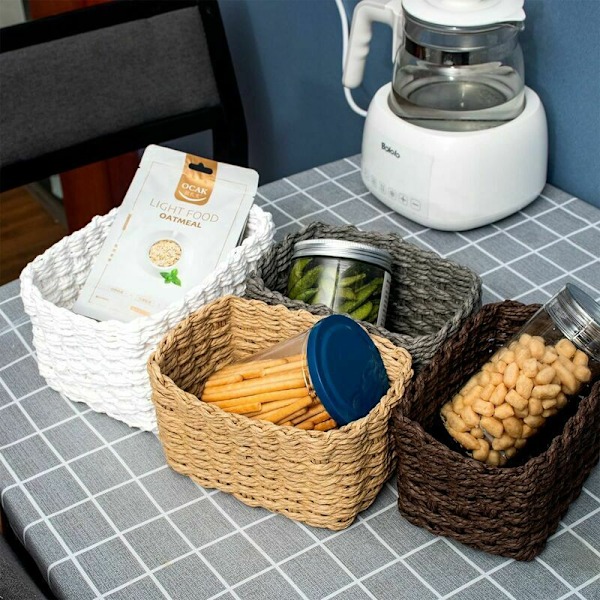 Set med 3 vävda förvaringskorgar för sminktillbehör, badrum, skötbord, litet förvaringsfack (vit)