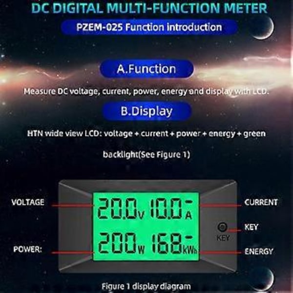 PZEM-025 DC Digital Batteritestare Dubbelriktad Amperemeter Voltmeter Effekt Energimätare Wattmätare 0-300v 100A