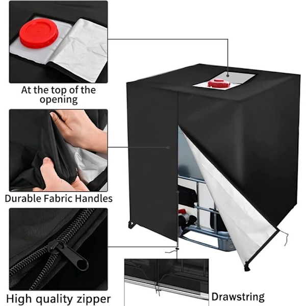 IBC-vesisäiliön peite 600 L Sadevesisäiliön säiliöpeite vetoketjulla Tuulenpitävä Anti-UV 420D Repäisykestävä-