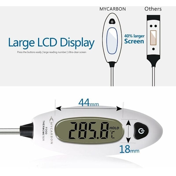 Madlavningstermometer Lang Temperaturføler Digitalt Køkkentermometer Øjeblikkelig aflæsning 5 sekunder LCD Storskærmstermometer til kød, grill, Pa