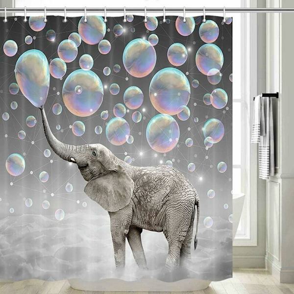 Design Bruseforhæng, Dyr Elefant Blæser Bobler Drøm Farverig Print, Vandtæt Stof Badeværelse Dekor Sæt med Kroge 180 x 180cm