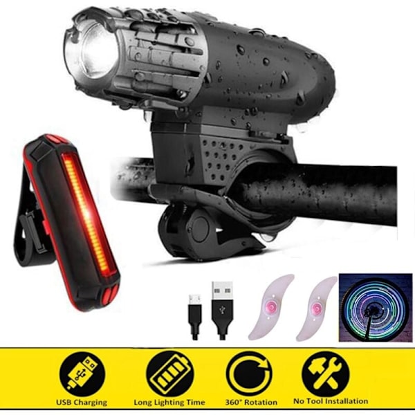 Front and Rear Bike Light, Rechargeable Waterproof LED Bike Light with USB Cable, 4 Adjustable Modes + 2 Free Wheel Lights -